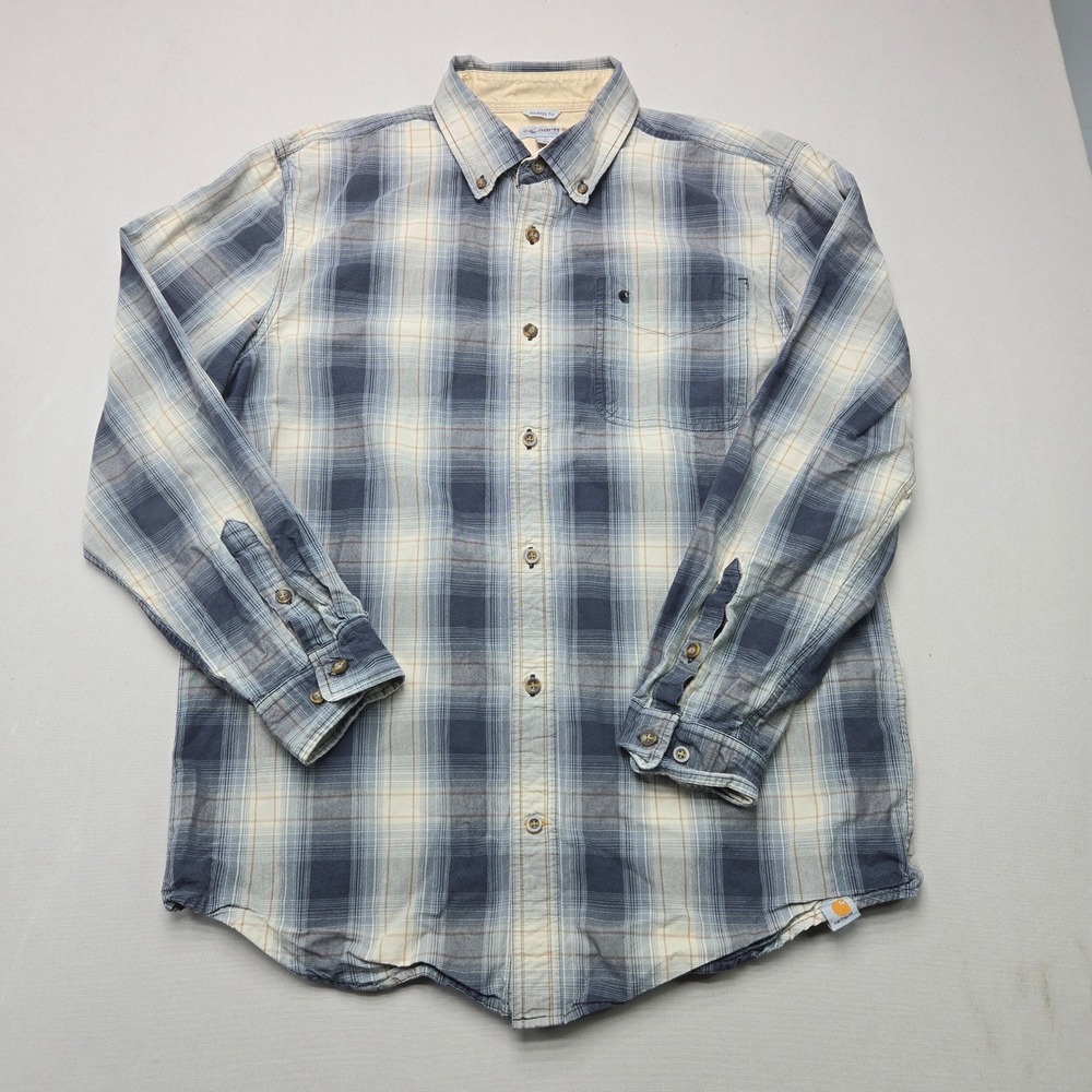 Carhartt Button Down Shirt Relaxed Fit Plaid Lined Blue Cotton Mens L Regular